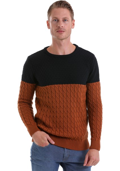 Tütün Comfort Fit Desenli Pamuklu Bisiklet Yaka Casual Triko Kazak