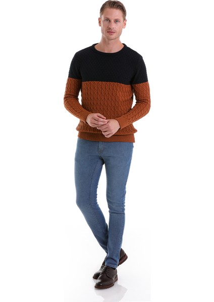 Tütün Comfort Fit Desenli Pamuklu Bisiklet Yaka Casual Triko Kazak