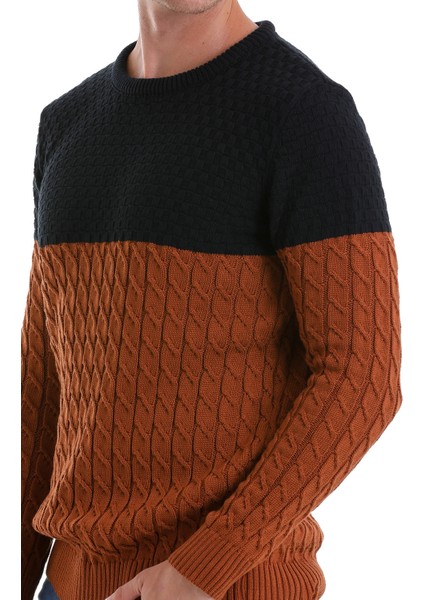 Tütün Comfort Fit Desenli Pamuklu Bisiklet Yaka Casual Triko Kazak