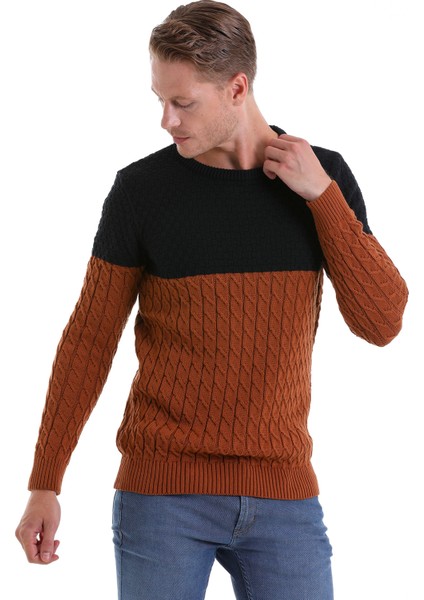 Tütün Comfort Fit Desenli Pamuklu Bisiklet Yaka Casual Triko Kazak