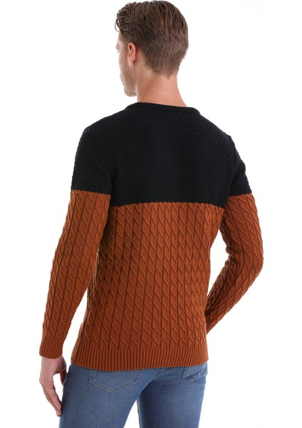 Tütün Comfort Fit Desenli Pamuklu Bisiklet Yaka Casual Triko Kazak