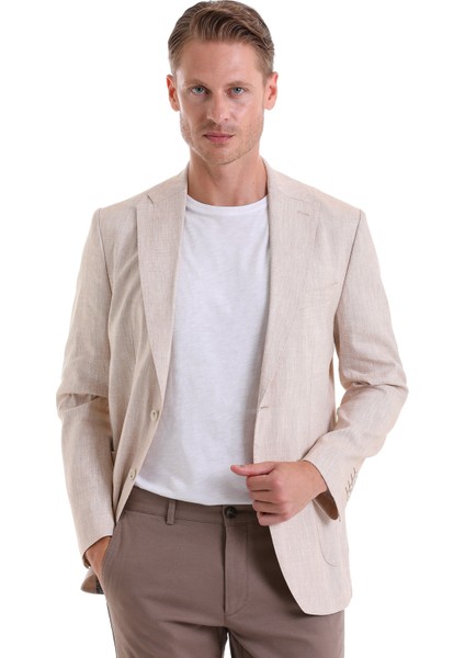 Bej Slim Fit Düz Mono Yaka Casual Keten Ceket