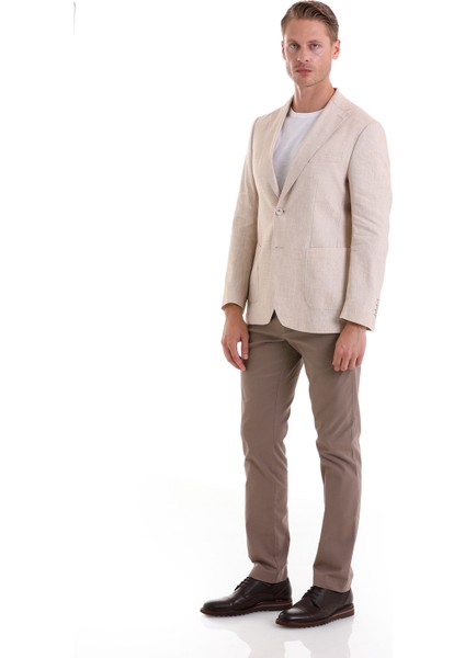 Bej Slim Fit Düz Mono Yaka Casual Keten Ceket