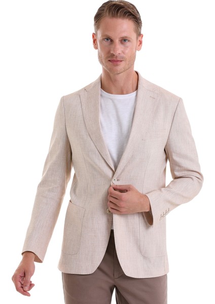 Bej Slim Fit Düz Mono Yaka Casual Keten Ceket