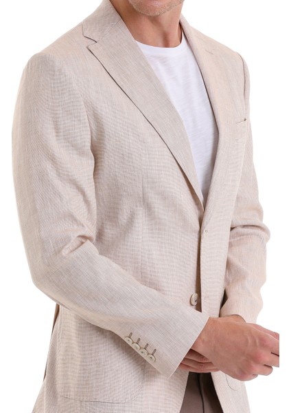 Bej Slim Fit Düz Mono Yaka Casual Keten Ceket
