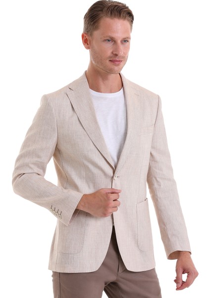 Bej Slim Fit Düz Mono Yaka Casual Keten Ceket