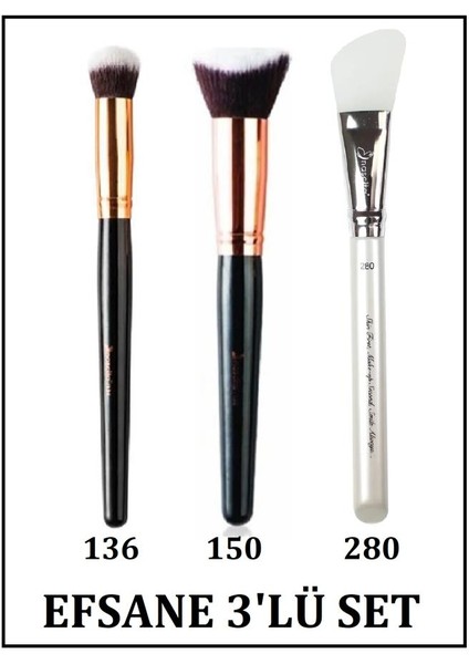 Oval Yapılı Kapatıcı Fırçası 136+3d Kabuki Fondöten Fırçası 0150 + Maske Fırçası 0280 Efsane 3'Lü Set