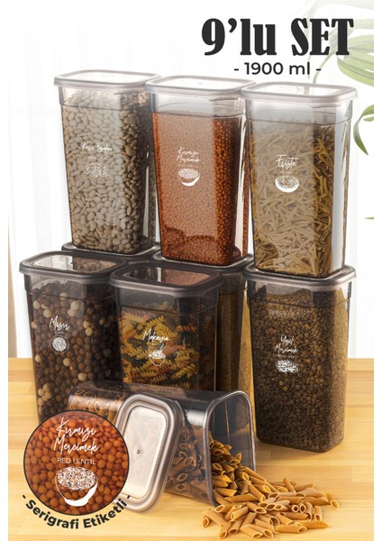 9'lu 1,9 lt Peggy Dikdörtgen Saklama Kabı Seti Serigrafi Etiketli