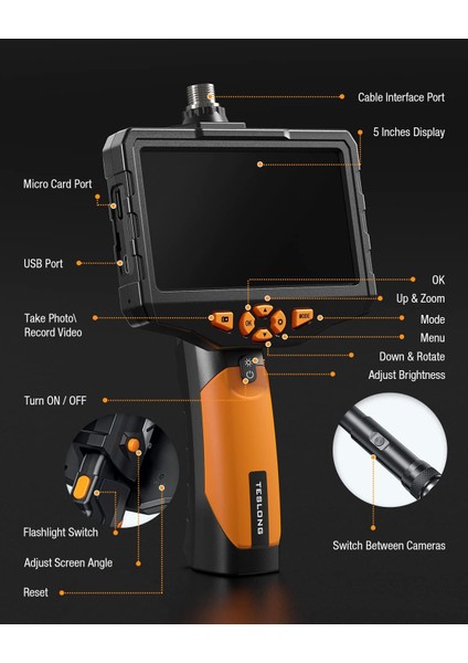 Çift Lensli Endoskop Kamera - 5 Inc IPS Ekran, 1080P - 1m Kablo