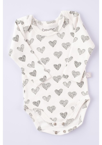 Uzun Kollu Pamuklu Bebek Çıtçıtlı Body Kalp Desenli Beyaz