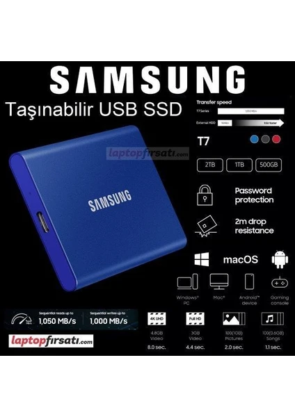 T7 1tb MU-PC1T0H/WW 1050MB-1000MB/SN USB 3.2 Gen2 Harici SSD Mavi 3 Yıl Samsung Turkıye Garantili