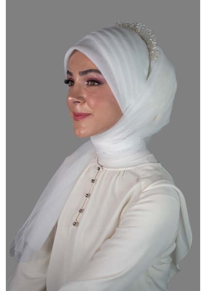 Elegance Scarf Hazır Şal 5-1 Geçmeli Drapeli Lüx Hayal Tül Kumaş Beyaz