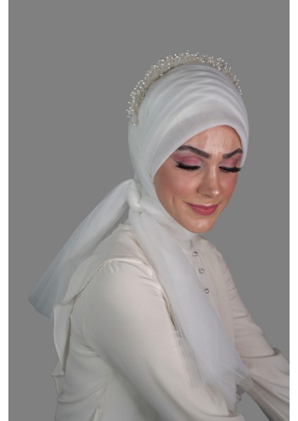 Elegance Scarf Hazır Şal 5-1 Geçmeli Drapeli Lüx Hayal Tül Kumaş Beyaz