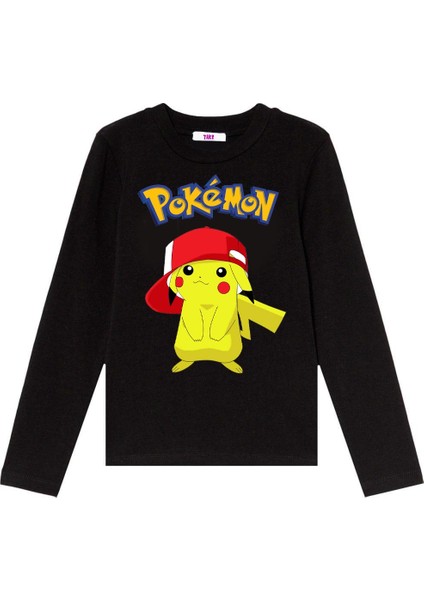 Pokemon Pikachu Pikaçu Uzun Kol Çocuk Tişört Siyah
