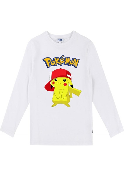 Pokemon Pikachu Pikaçu Uzun Kol Çocuk Tişört Beyaz