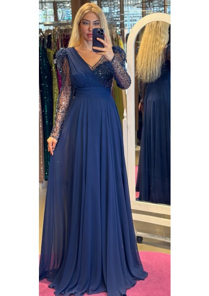 Abiyenial Uzun Kollu Şifon V Yaka Uzun Abiye Elbise Lacivert 7417