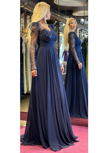 Abiyenial Uzun Kollu Şifon V Yaka Uzun Abiye Elbise Lacivert 7417 modelleri