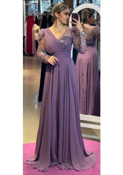 Abiyenial Uzun Kollu Şifon V Yaka Uzun Abiye Elbise Lavanta 7417