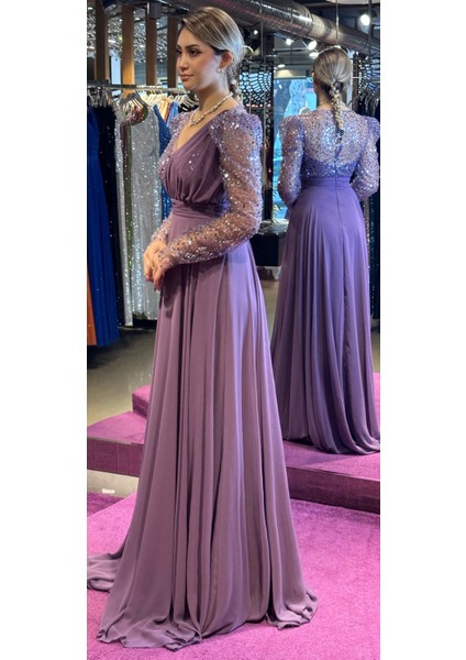 Abiyenial Uzun Kollu Şifon V Yaka Uzun Abiye Elbise Lavanta 7417 modelleri