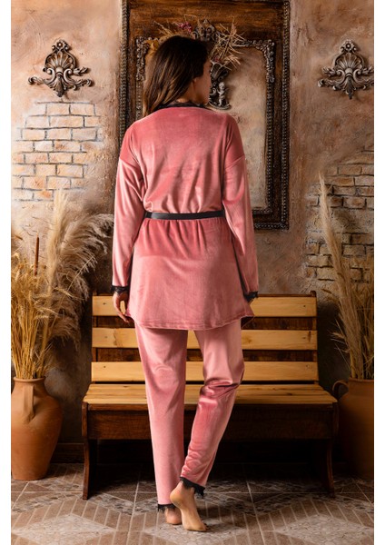 Kışlık Sabahlıklı Kadın Kadife Pijama Takımı- 3 Parça Çeyizlik Kadife Set fiyatları