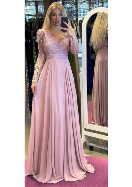 Abiyenial Uzun Kollu Şifon V Yaka Uzun Abiye Elbise Rose 7417