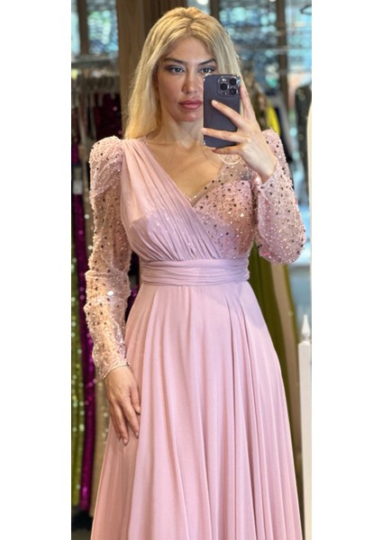 Abiyenial Uzun Kollu Şifon V Yaka Uzun Abiye Elbise Rose 7417 fiyatları