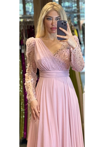 Abiyenial Uzun Kollu Şifon V Yaka Uzun Abiye Elbise Rose 7417 modelleri