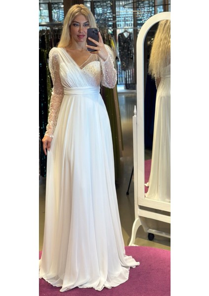 Abiyenial Uzun Kollu Şifon V Yaka Uzun Abiye Elbise Beyaz 7417