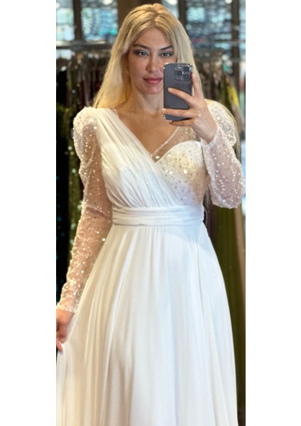 Abiyenial Uzun Kollu Şifon V Yaka Uzun Abiye Elbise Beyaz 7417 fiyatları