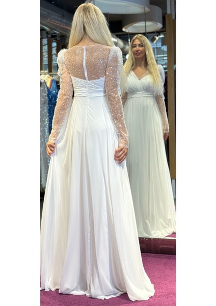 Abiyenial Uzun Kollu Şifon V Yaka Uzun Abiye Elbise Beyaz 7417 modelleri