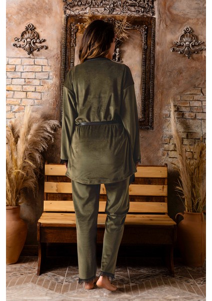 Kışlık Sabahlıklı Kadın Kadife Pijama Takımı- 3 Parça Çeyizlik Kadife Set modelleri