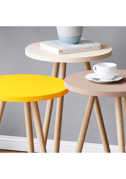 Renkli 3'lü Zigon Sehpa Ahşap Ayaklı Yuvarlak Pastel Tasarım - Cappuccino - Krem - Sarı