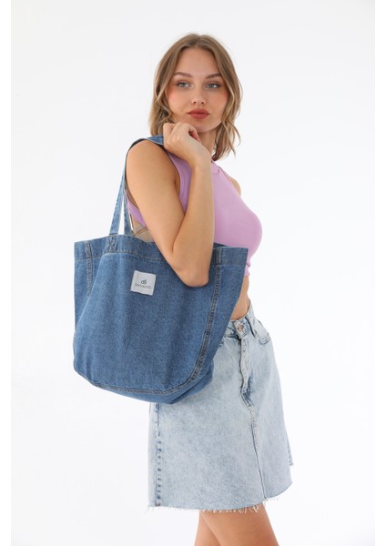 Koyu Mavi Kot Bez Kol & Omuz Çantası Tote Bag Kanvas Iş Spor Günlük Jean Plaj Model Yazlık 32X34