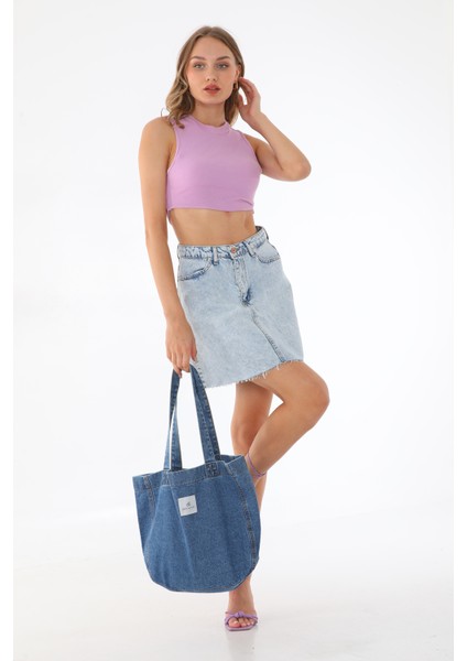 Koyu Mavi Kot Bez Kol & Omuz Çantası Tote Bag Kanvas Iş Spor Günlük Jean Plaj Model Yazlık 32X34