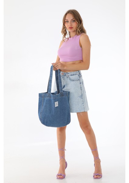Koyu Mavi Kot Bez Kol & Omuz Çantası Tote Bag Kanvas Iş Spor Günlük Jean Plaj Model Yazlık 32X34