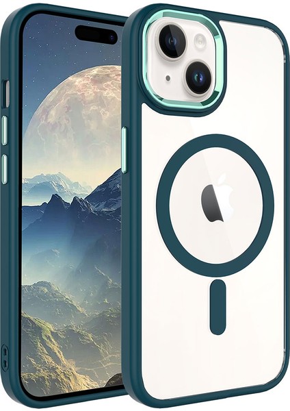 Apple iPhone 15 Kılıf Wireless Şarj Özellikli Krom Magsafe Silikon Kapak Koyu Yeşil
