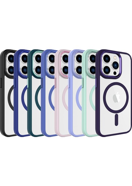Apple iPhone 15 Pro Kılıf Wireless Şarj Özellikli Krom Magsafe Silikon Kapak Lila