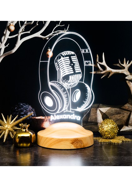 Dj - Müzisyen Hediyesi Kulaklık ve Mikrofon 3D LED Lamba, Ses Sanatçısı, Solist Hediyesi, Headset Gamer - Oyuncu Hediyesi