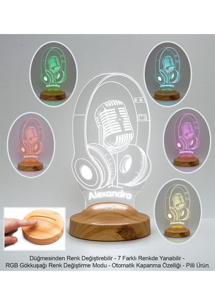 Dj - Müzisyen Hediyesi Kulaklık ve Mikrofon 3D LED Lamba, Ses Sanatçısı, Solist Hediyesi, Headset Gamer - Oyuncu Hediyesi fiyatları