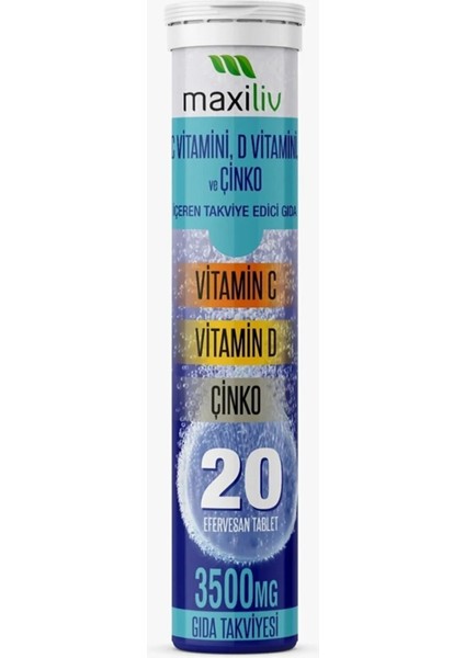 C Vitamini - D Vitamini ve Çinko Efervesan 20'li Tablet 3500 mg