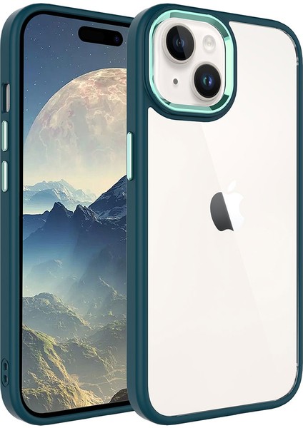 Apple iPhone 15 Kılıf Renkli Kenar Metal Kamera Çerçeveli Krom Arka Kapak Koyu Yeşil