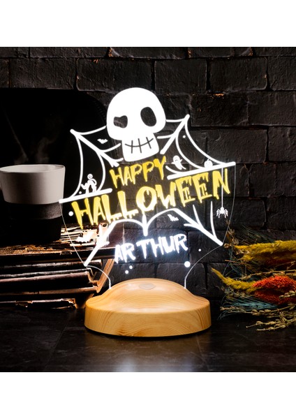 Cadılar Bayramı Halloween Hediyesi, Kişiye Özel Happy Halloween Kuru Kafa ve Ağlar LED Lamba