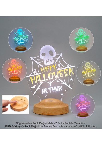Cadılar Bayramı Halloween Hediyesi, Kişiye Özel Happy Halloween Kuru Kafa ve Ağlar LED Lamba