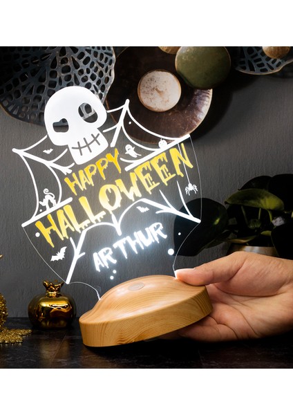 Cadılar Bayramı Halloween Hediyesi, Kişiye Özel Happy Halloween Kuru Kafa ve Ağlar LED Lamba