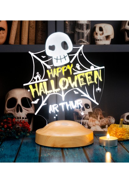 Cadılar Bayramı Halloween Hediyesi, Kişiye Özel Happy Halloween Kuru Kafa ve Ağlar LED Lamba