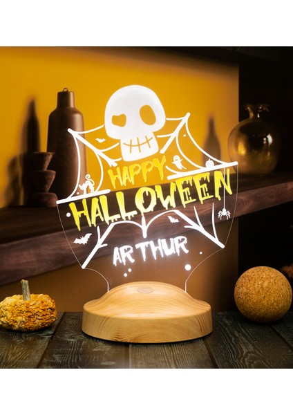 Cadılar Bayramı Halloween Hediyesi, Kişiye Özel Happy Halloween Kuru Kafa ve Ağlar LED Lamba