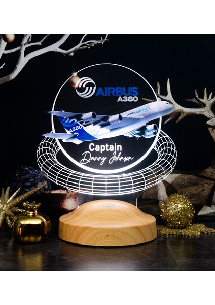 Airbus A380 Yolcu Uçağı Renkli Baskılı Kişiye Özel 3D LED Lamba, Uçak - Pilot Hediyesi
