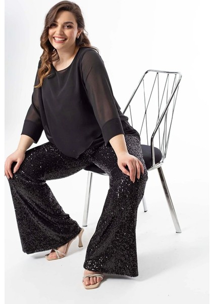 Siyah Yüksek Bel Ispanyol Paça Toparlayıcı Beli Lastikli Payetli Pullu Büyük Beden Pantalon