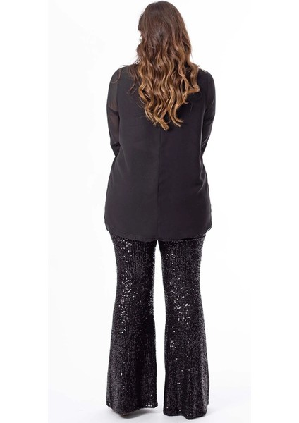Siyah Yüksek Bel Ispanyol Paça Toparlayıcı Beli Lastikli Payetli Pullu Büyük Beden Pantalon
