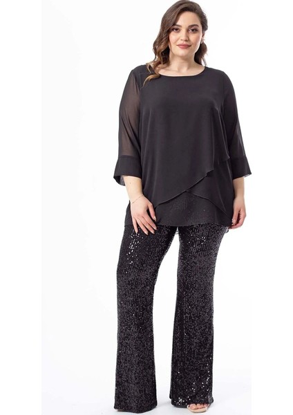 Siyah Yüksek Bel Ispanyol Paça Toparlayıcı Beli Lastikli Payetli Pullu Büyük Beden Pantalon